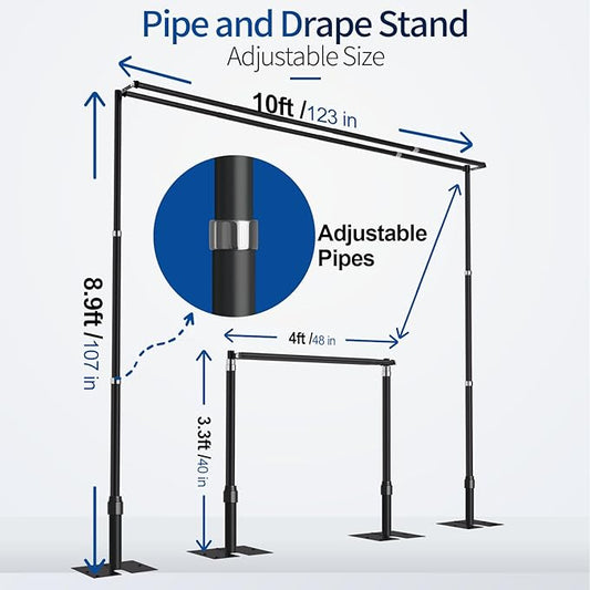 8.9x10ft Pipe and Drape Backdrop Stand, Double Crossbar, Heavy Duty Adjustable Background Frame with Metal Base for Parties Photography Wedding Photoshoot Decoration - Black