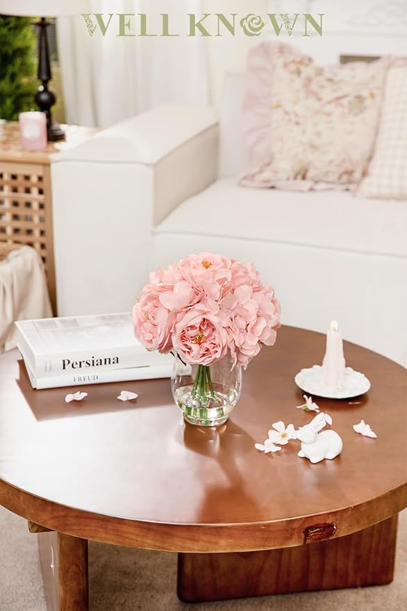 Silk Peonies Artificial Flowers with Hydrangea in Glass Vase with Fake Water, Fake Austin Rose Bouquet with Vase for Home Hotel Office Wedding Party Decor as Table Centerpieces & Gift (Blush Pink)