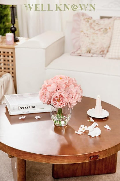 Silk Peonies Artificial Flowers with Hydrangea in Glass Vase with Fake Water, Fake Austin Rose Bouquet with Vase for Home Hotel Office Wedding Party Decor as Table Centerpieces & Gift (Blush Pink)