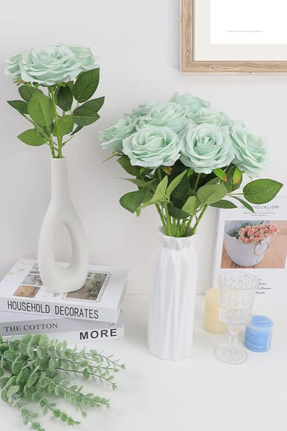 Artificial Rose Flower Sage Green Flowers Sage Green Roses Silk Flowers 12 pcs with Long Stem Silk Roses Bouquet for Wedding Bridal Shower Part Home Decoration