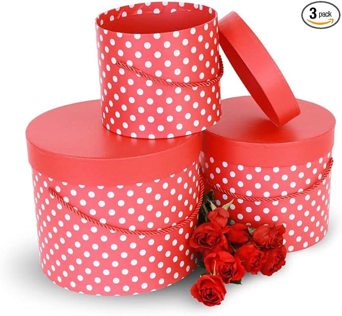 UNIKPACKAGING Premium Quality Round Flower Box, Gift Boxes for Luxury Flower and Gift Arrangements, Set of 3 pcs, (Red White Dots)