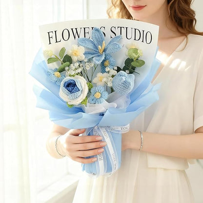 Crochet Flower Bouquet - Handmade Knitted Roses, Tulips & Cosmos with Eucalyptus - Hypoallergenic Everlasting Gift for Women, Mother's Day, Wedding
