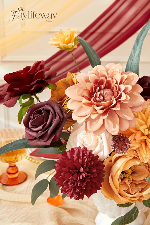 Artificial Flowers, Fall Orange and Red Silk Flowers for DIY Wedding Bridal Bouquets, Fall Fake Cake Flowers for Table Centerpieces Party Home Decorations