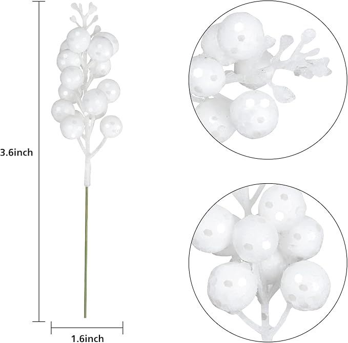 Lvydec 16pcs Christmas Glitter Berry Stems Clearance, 7.8" Artificial Christmas Picks for Christmas Tree Ornaments, DIY Xmas Wreath, Crafts, Holiday and Home Decor (White)