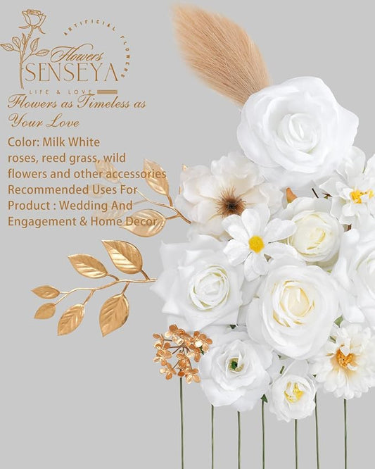 Senseya Artificial Flowers Combo, Milk White Silk Roses, Peonies, Dahlias with Stems for DIY Wedding Bouquets, Baby Shower, Table Centerpieces, Home Decor, Fake Floral Arrangements, Party Decorations