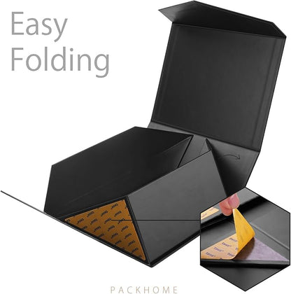 PACKHOME 6 Gift Boxes 9x6.5x3.8 Inches, Rectangle Collapsible Boxes with Magnetic Lids for Gift Packaging (Matte Black, Grain Texture)