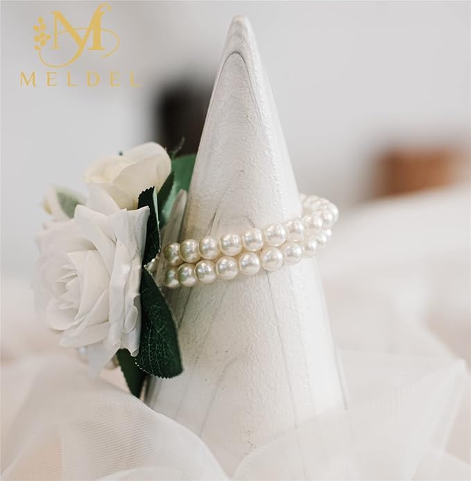 Meldel White Ivory Rose Prom Wrist Corsage for Wedding, Set of 6, Bridesmaid Bridal Hand Flowers Corsage for Prom, Wrist Flower for Wedding Ceremony Anniversary, Dinner Party, Rustic Vintage Wedding