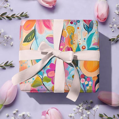 WALL-KNACK 17" X 393" Vibrant Texture Colorful Flower Orange Wrapping Paper Gift Wrap Roll for Wedding, Mother's Day, Holiday, Baby Shower, Women Girls Gifts, Birthdays, Bridal Shower and Engagement