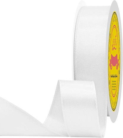 White Double Face Satin Ribbon 1 inch X 50 Yards Spool Bright Colors Very Suitable for Weddings Gift Package Wrapping Dancer Wand Sewing Party Hair Bow Invitation Decorations and More