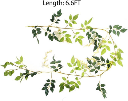 2Pcs 6.6Ft Artificial Flowers Vines Silk Wisteria Artificial Garlands Fake Hanging Green Leaf Flower Ivy Vines for Home Garden Wedding Arch Decor, White