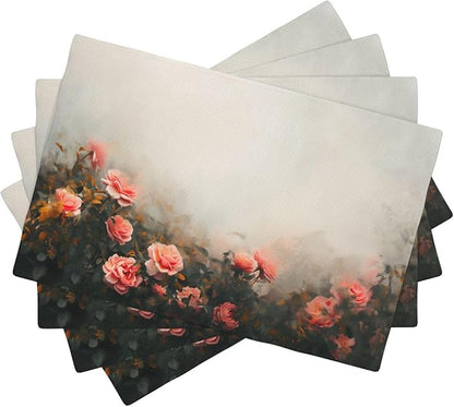 Placemats 4 pcs Vintage Oil Painting Flowers Double-Layer Imitation Linen Place Mats Non-Slip Heat-Resistant Tablemats for Home Restaurant Hotel 18×12 Inch
