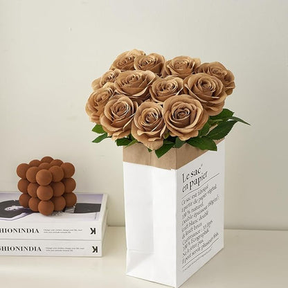 12pcs Coffee Roses Artificial Flowers Fake Roses Silk Flowers Roses with Long Stems for Wedding Home Party Centerpieces Decorations