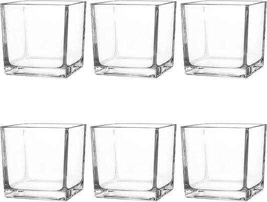 Set of 6 Square Glass Vases 4" x 4" x 4", Clear Flower Vase, Plant Terrarium, Candle Holder for Wedding Centerpiece, Office Decorations, Home Décor, Parties and Events