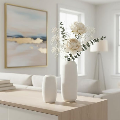 Vintage Ceramic Vase, Minimalist Texture Stone Patterned White Flower Vase, Decorative Vase for Living Room Shelf Farmhouse Dining Table Centerpiece Decor (White Texture - 2 Pack)