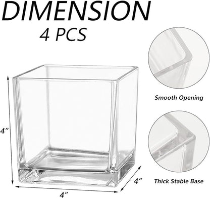 Square Glass Vases Set of 4, 4"x 4"x 4" Flower Vases for Centerpieces, Clear Glass Vase for Flowers, Small Vase for Wedding, Party, Home Office Decoration