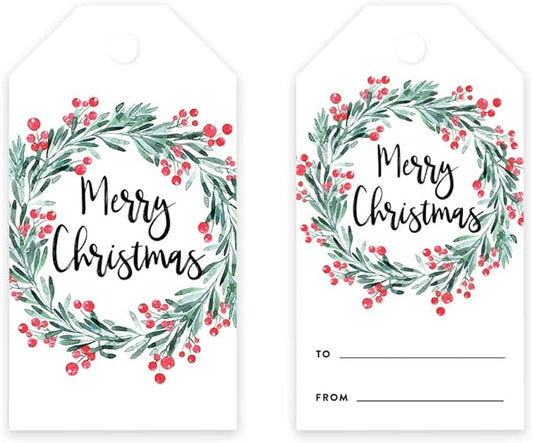 Andaz Press Christmas Holiday Season Classic Gift Tags, Merry Christmas to from Classic Favor Tags, Holly Wreath Design, for Holiday Events, Parties, and Favors, 60-Pack