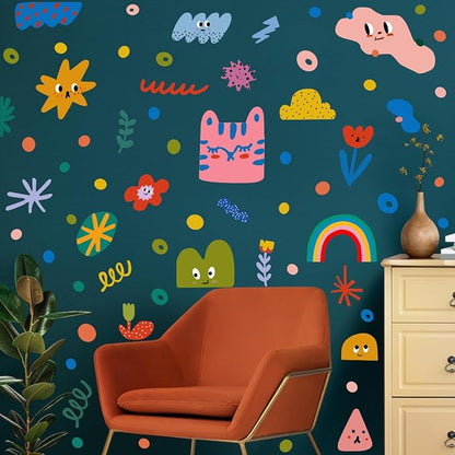 Colorful Abstract Shape Wall Stickers, Lovely Smile Clouds Rainbow Irregular Dots Vinyl Wall Decals, Removable Geometry Shape DIY Wall Art for Classroom Kindergarten Playroom Decor