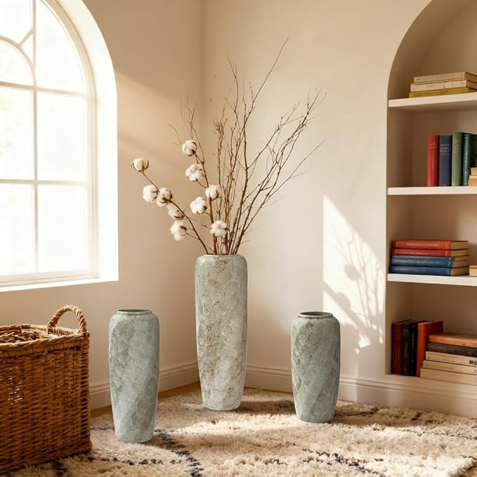 23.6 Inch Rustic Ceramic Tall Floor Vase, Slim Tapered Rustic Farmhouse Vase for Dried Stems & Pampas, Neutral Beige Decorative Vase for Living Room