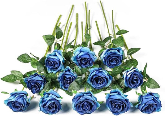 Kisflower 12Pcs Gradient Blue Roses Artificial Flowers, Realistic Single Stem Flowers Silk Rose Bouquet for Wedding Party Office Home Decor (Gradient Blue)