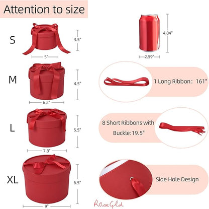 ROSEGLD Round Gift Boxes with Lids Set of 4, Luxury Gift Boxes with Ribbons Assorted Sizes, Nesting Gifts Boxes for Flowers Arrangements, Wedding, Party (Matte Red)