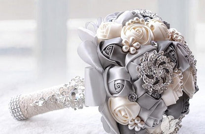 S_SSOY Romantic Wedding Bride Holding Bouquet Roses with Diamond Pearl Ribbon Valentine's Day Bouquet Confession (Gray)