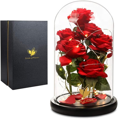 Christmas Rose Gifts for women,Beauty and The Beast Rose in Glass Dome with LED Light,Glass Rose Flower Gifts for Her,Christmas Birthday Gifts for Women Mom Wife Girlfriend Friend Forever Red Rose