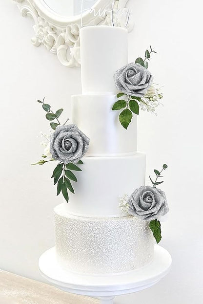 Glitter Silver Roses Artificial Flowers 30pcs Silver Flowers Artificial Roses with Stems Glitter Roses for Wedding Corsage Floral Bridal Shower Centerpieces Table Decor