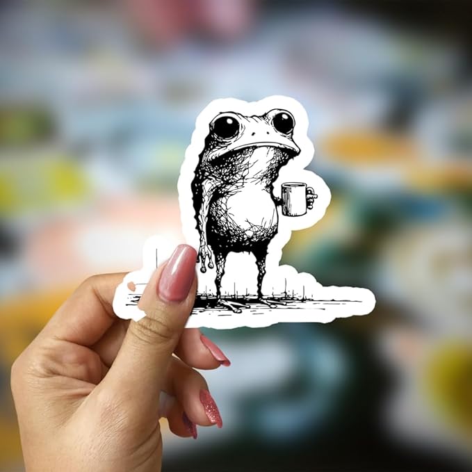 HANDICHI Design 5-Pack 3 Inch Funny Coffee Frog Stickers – Grunge Meme Vinyl Decals – Tired Frog Holding Coffee Cup Aesthetic Sticker Pack for Laptops, Water Bottles, Journals, and Scrapbooks