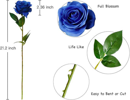 DuHouse 10pcs Fake Roses Artificial Silk Flowers Faux Rose Flower Long Stems Bouquet for Arrangement Wedding Centerpiece Party Home Kitchen Decor (Royal Blue)