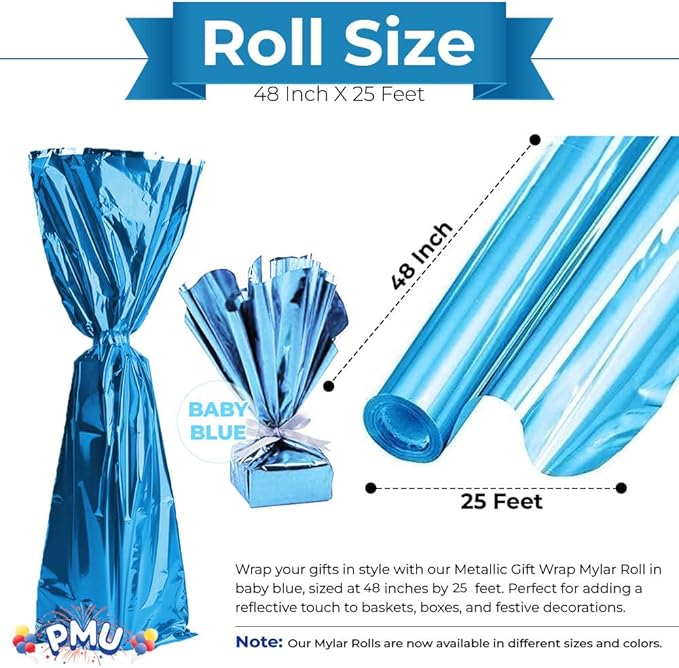 PMU Gift Wrap Mylar Roll Metallic Baby Blue 2-sided, 48 Inches X 25 Ft Roll 1.4 Mil Highly Reflective Mylar Film, Great for Gifts, Birthdays, Christmas, Baskets, Arts & Crafts