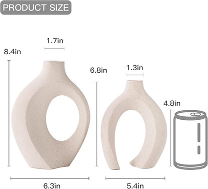 Ceramic Vases for Home Decor Set of 2, Off White Boho Small Flower Vase, Minimalist Decorative Modern Donut Vase for Living Dining Room Office Entryway Book Shelf Coffee Console Table Décor