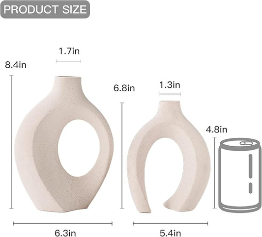 Ceramic Vases for Home Decor Set of 2, Off White Boho Small Flower Vase, Minimalist Decorative Modern Donut Vase for Living Dining Room Office Entryway Book Shelf Coffee Console Table Décor