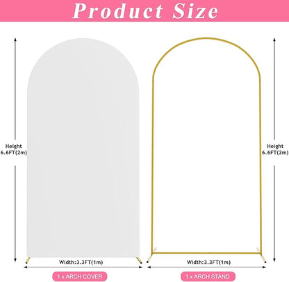 Putros 6.6ft Metal Arch Stand with Cover White Spandex Fitted Wedding Arch Cover and Round Top Chiara Backdrop Stand Set for Birthday Party Baby Shower Decoration