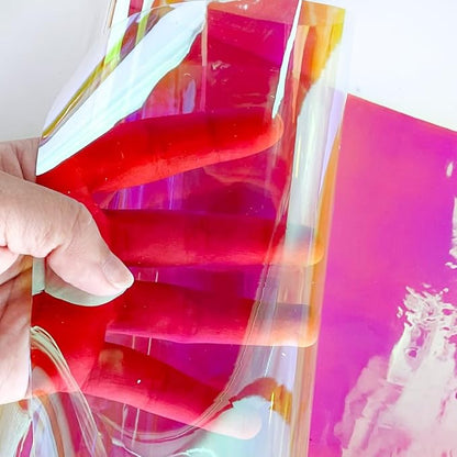 ONEART | 16 Gauge Holographic Iridescent Plastic Vinyl, 16"x54" Transparent Vinyl Fabric-Iridescent Pink