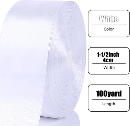 NESCCI 100 Yards Ribbon,1-1/2 Inch White Satin Ribbon,Single Face Satin Ribbons,Perfect for Gift Wrapping,Wedding Decoration,Handmade Bows, Wrapping Bouquet and More