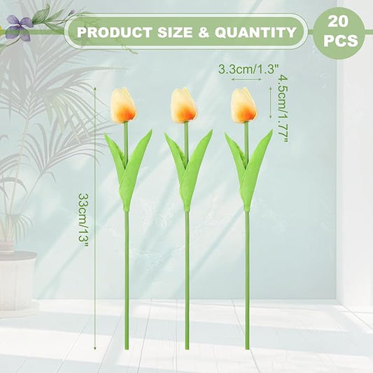 uxcell 20pcs Tulips Artificial Flowers, Faux Flowers Silk Fake Tulip Stems Real Touch for Wedding Bouquet Centerpiece Table Party Decoration(Champagne)