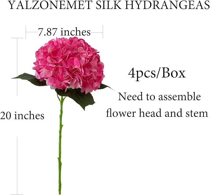 YalzoneMet 4Pcs Magenta Silk Hydrangea Artificial Flower Rose Red Lifelike Big Blooms 20'' Long Stem Faux Hydrangea Flower Bouquets for Home Party Indoor Outdoor Wedding Table Centerpiece Decor