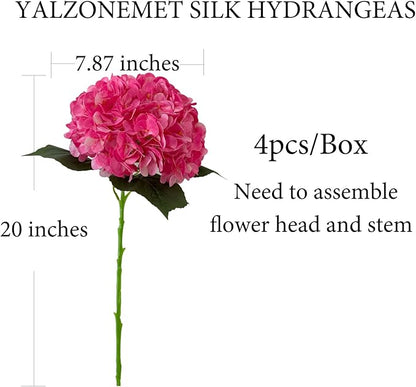 YalzoneMet 4Pcs Magenta Silk Hydrangea Artificial Flower Rose Red Lifelike Big Blooms 20'' Long Stem Faux Hydrangea Flower Bouquets for Home Party Indoor Outdoor Wedding Table Centerpiece Decor