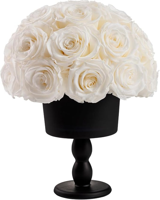Eternal Rose Dome with Vintage Pedestal, 23 Forever Preserved Roses Arrangement for Home Decoration, Ideal Gift for Christmas,Valentine's Day, Mother's Day, Birthdays-White