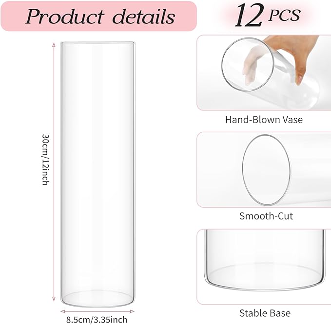 12 Pack Glass Cylinder Vases 12 Inch Tall Clear Flower Vase for Centerpieces, Hurricane Floating Candle Holder Wedding Decorations, Floral Vase Bulk for Table Shelf Party Home Deco (12 x 3.35 Inch)