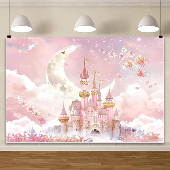 AOFOTO Castle Backdrop Princess Spring Pink Floral Moon Printed Fairy Tale Photography Background for Girl Birthday Baby Shower Party Banner Home Decor Wall Photo Studio Booth Props 7x5ft