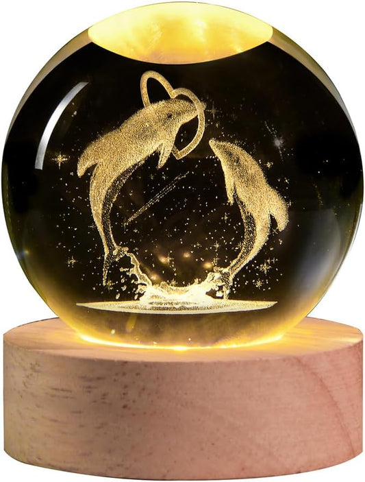 3D Laser Engraved Dolphin Crystal Ball, Romantic Dolphin & Heart LED Night Light, 60mm Sea Animal Figurines Decor Glass Sphere Lamp Gifts for Women Kids Mom