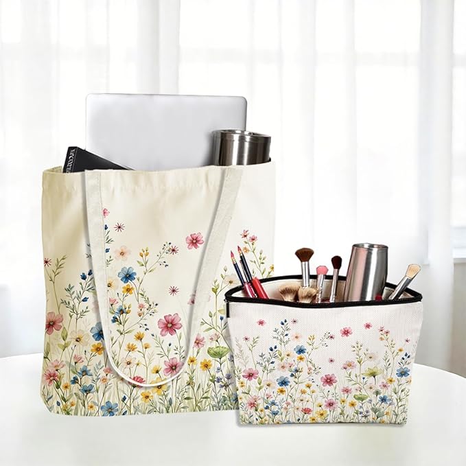 Flower Plant Lover Gifts for Women Canvas Tote Bag with Makeup Bag Cosmetic Bags Grocery Bags for Shopping Christmas