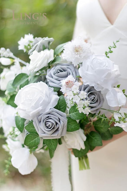 Ling’s Moment Artificial Flowers 25Pcs Silver & Grey Roses Decor w/Stems,3" Real Touch DIY Foam Floral for Wedding Bouquet/Centerpieces, Outdoors Party Backdrop, Room/Table, and Garden/Pot Decorations
