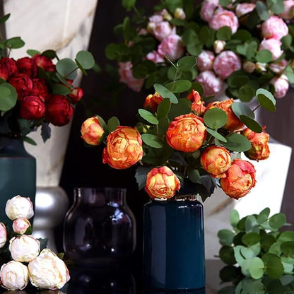 Artificial Peonies Flowers 2 Bouquets Vintage Peonies 18pcs Orange Peonies with Stems Silk Peony Flowers for Terracota Wedding Decoration Bride Bouquet Flowers Crafts Floral Arrangement (Sunset)