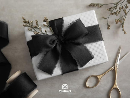 Vitalizart Black Silk Satin Ribbon 1 Inch x 15 Yard Wooden Spool Handmade Frayed Ribbon for Gift Wrapping Baby Shower Wedding Bridal Bouquets Holiday Decor 3 Rolls x 5 Yard