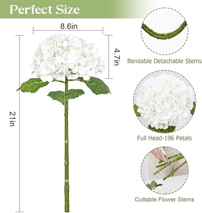 Waipfaru 21" Real Touch White Hydrangea Artificial Flowers with Long Stem & Leaves, Full Latex Faux Hydrangea Flowers for Home Decor Party Floral Arrangements Wedding Bouquets Centerpieces, 4Pcs