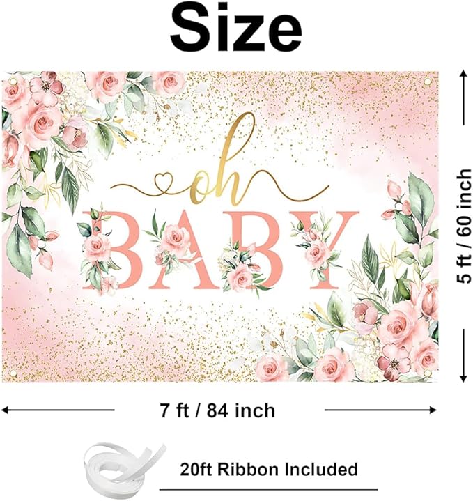 Mocsicka Oh Baby Backdrop Pink Floral Baby Shower Banner for Girls Party Decorations Photo Booth Props (Pink, 7x5ft)