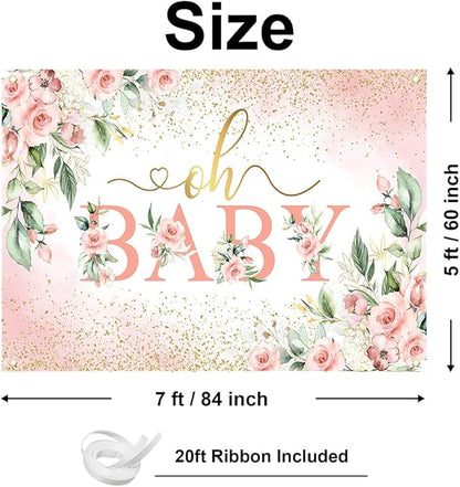 Mocsicka Oh Baby Backdrop Pink Floral Baby Shower Banner for Girls Party Decorations Photo Booth Props (Pink, 7x5ft)