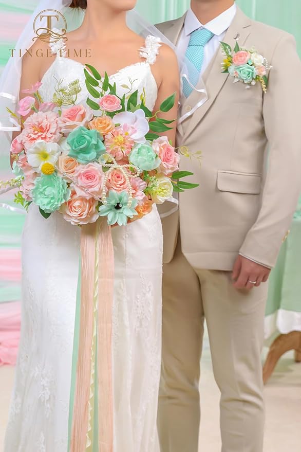TINGE TIME 13 Inch Wedding Bouquets for Bride,Bridal Bouquet for Bride, Artificial Silk Flowers for Wedding Ceremony and Anniversary (Mint Green & Pink)